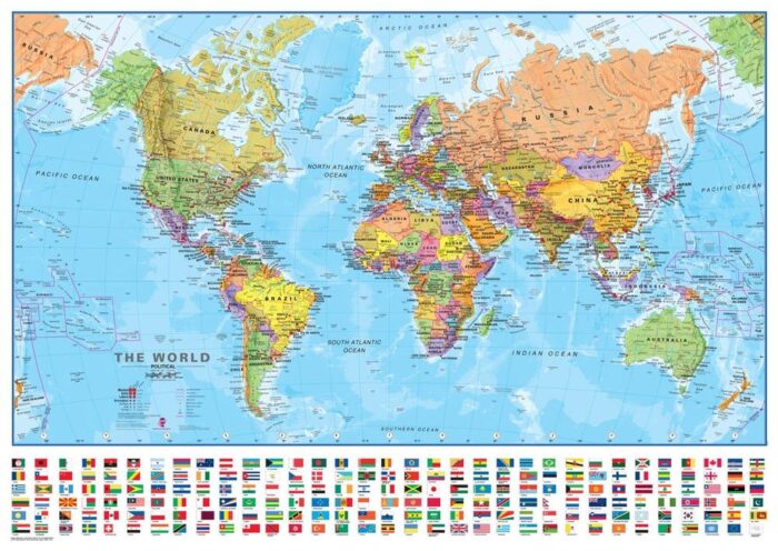 Pasaulio politinis sieninis žemėlapis 1:30 mln, 100x136 cm, laminuotas, su metaliniais laikikliais